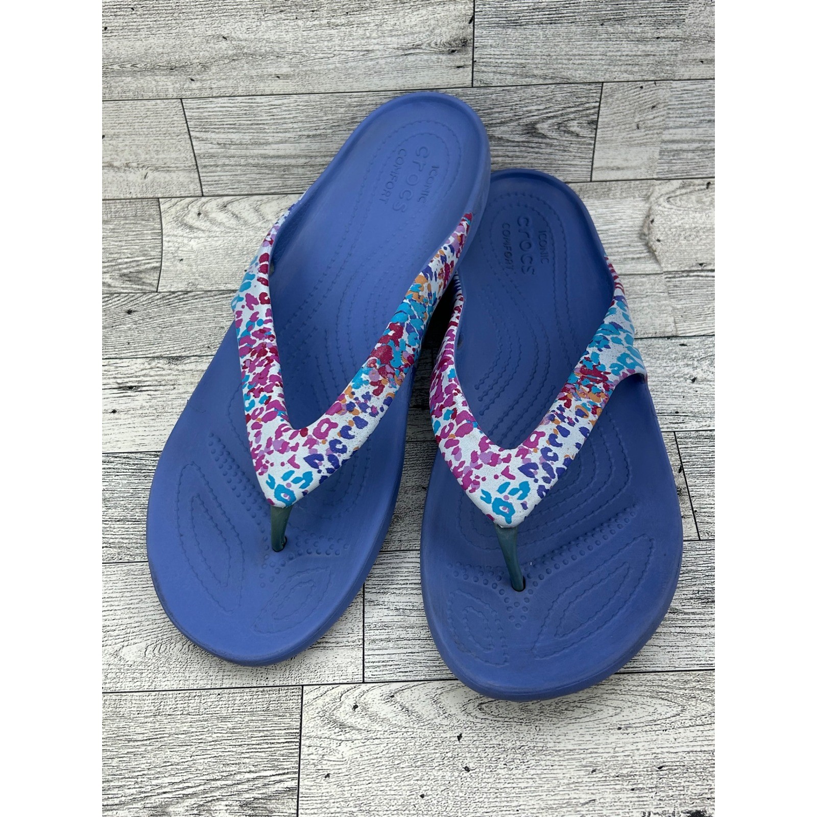 Crocs Kadee II Flip Flops Women Size 10 Blue Multi Color Leopard Print Sandals
