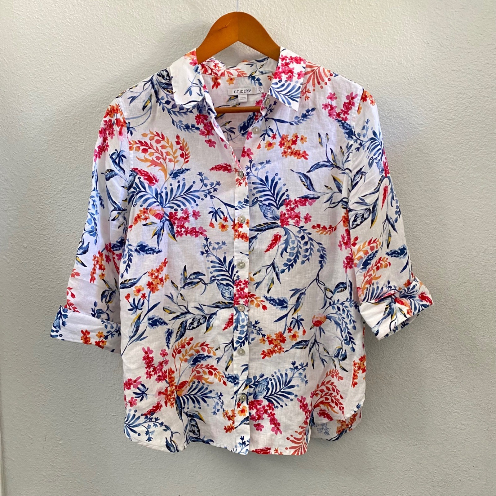Chicos Floral 100% Linen Button Down Shirt White Blue Pink Orange US 6 570367210