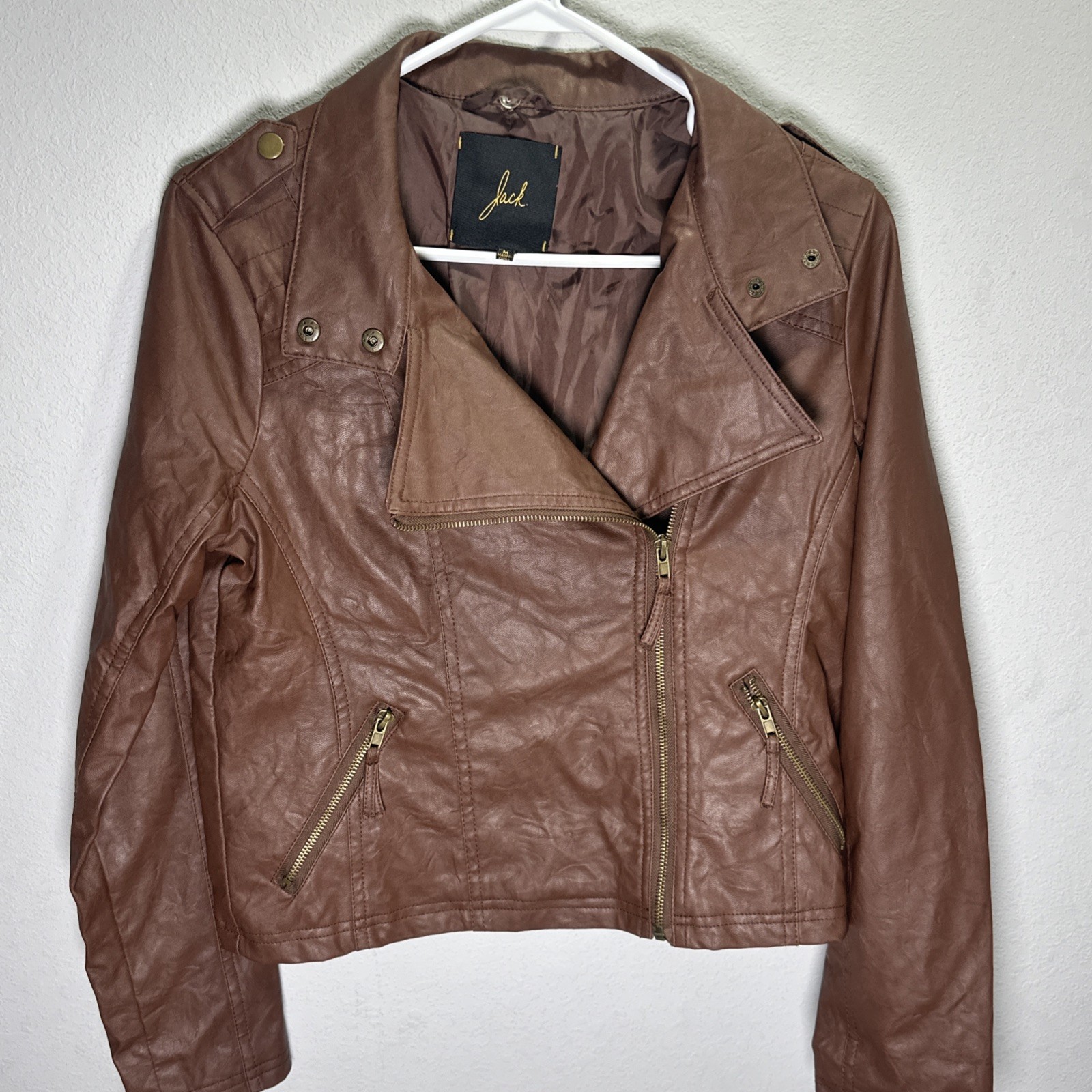 Jack Faux Leather Jacket Women’s Medium Full Zip Biker Brown Moto