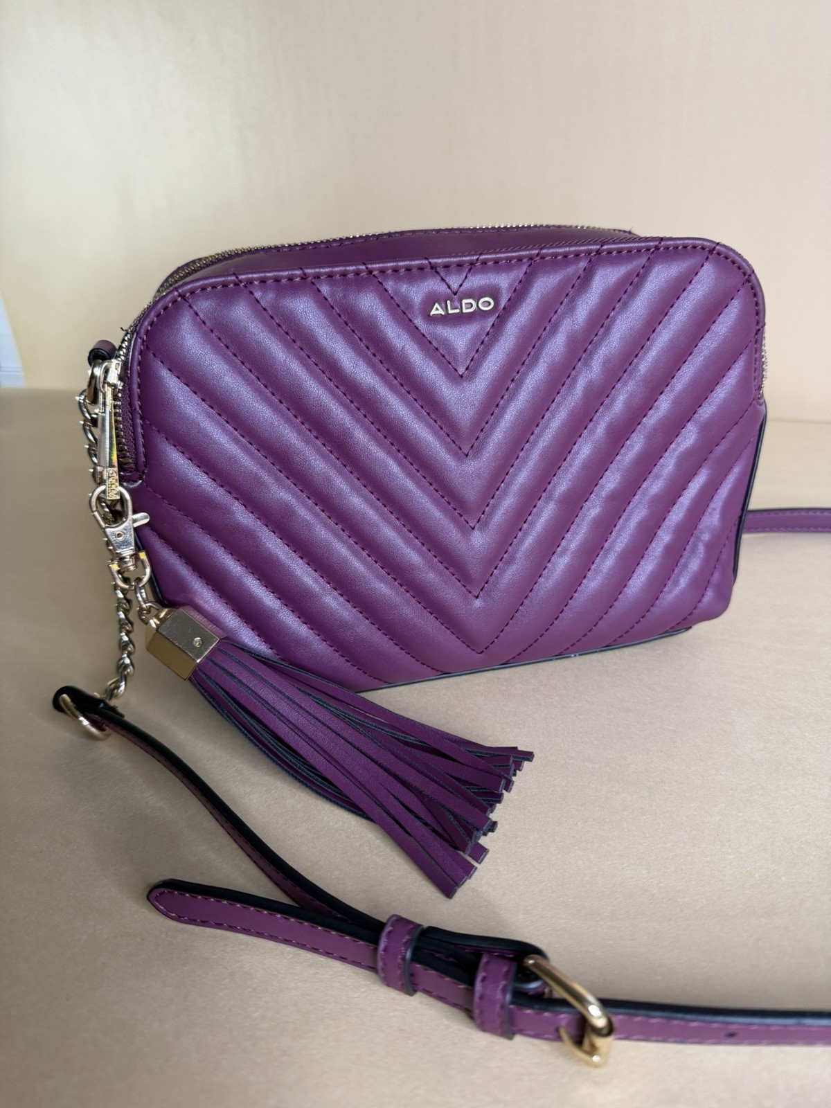 ALDO Purple Quilted Crossbody Bag Double Zip Tassel Gold Tone Hardware