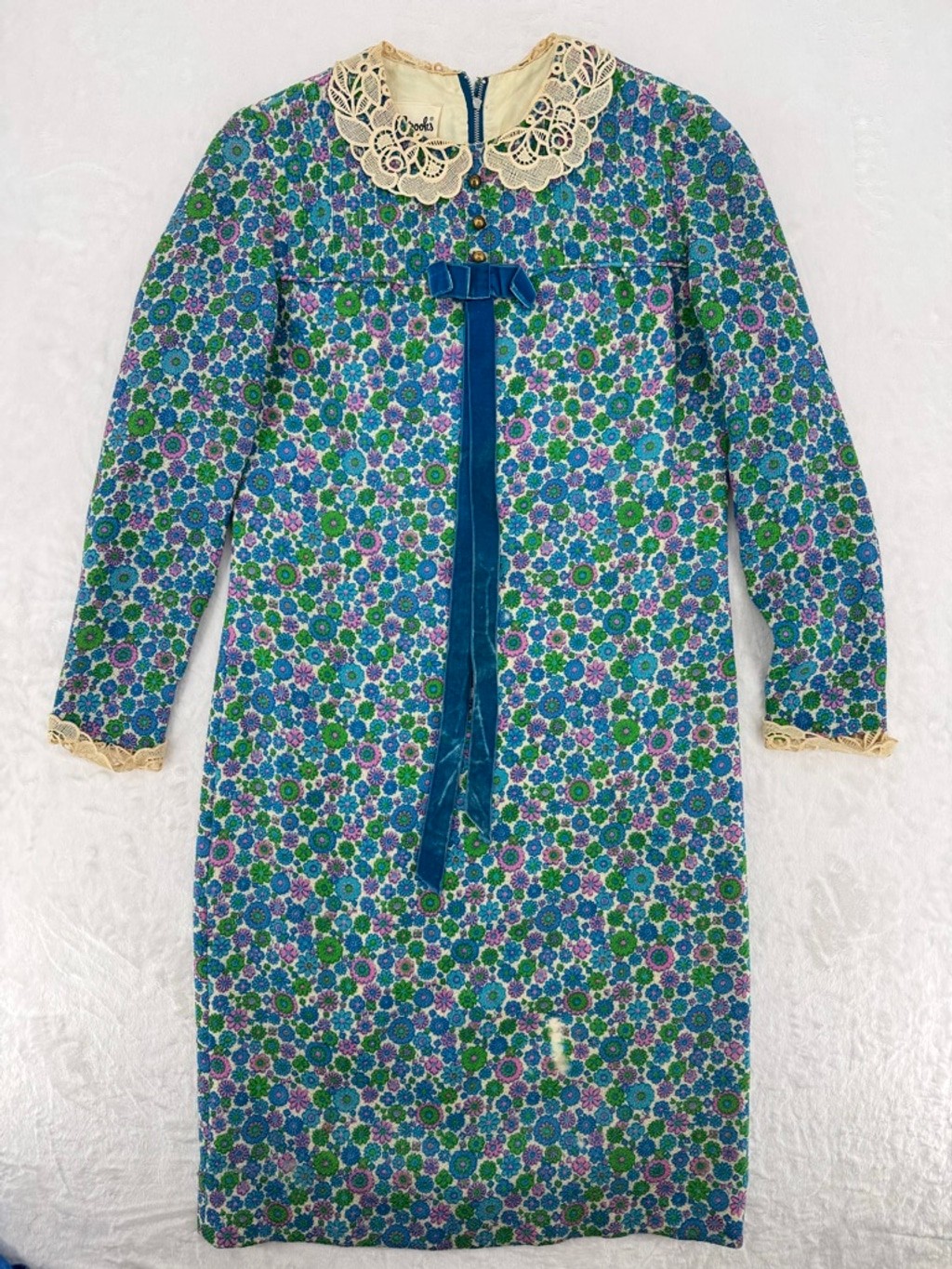 Vintage 1960s Bobbie Brooks Dress Floral Lace Trim Peter Pan Collar Bow READ