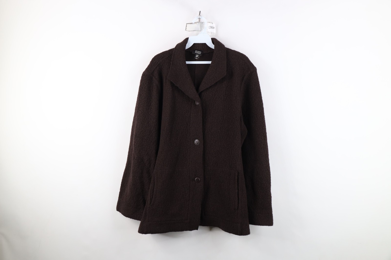 Eileen Fisher Womens Large Textured Virgin Wool Knit Button Sweater Jacket Brown