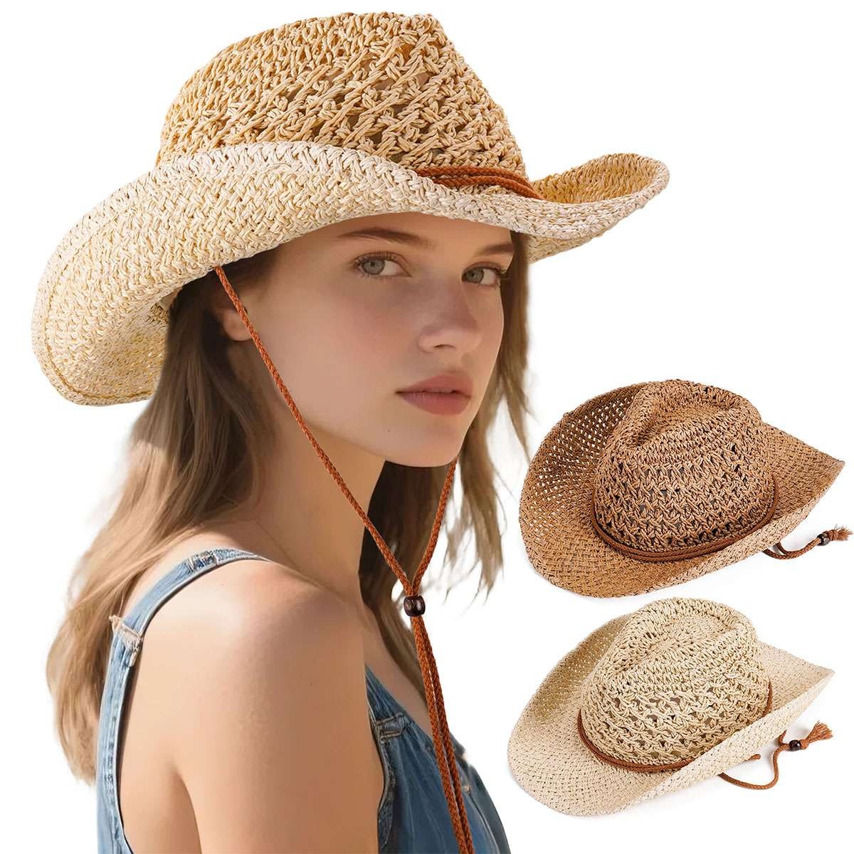 Women Men Western Cowboy Hat Straw Shapeable Wide Brim Cowgirl Summer Beach Hat