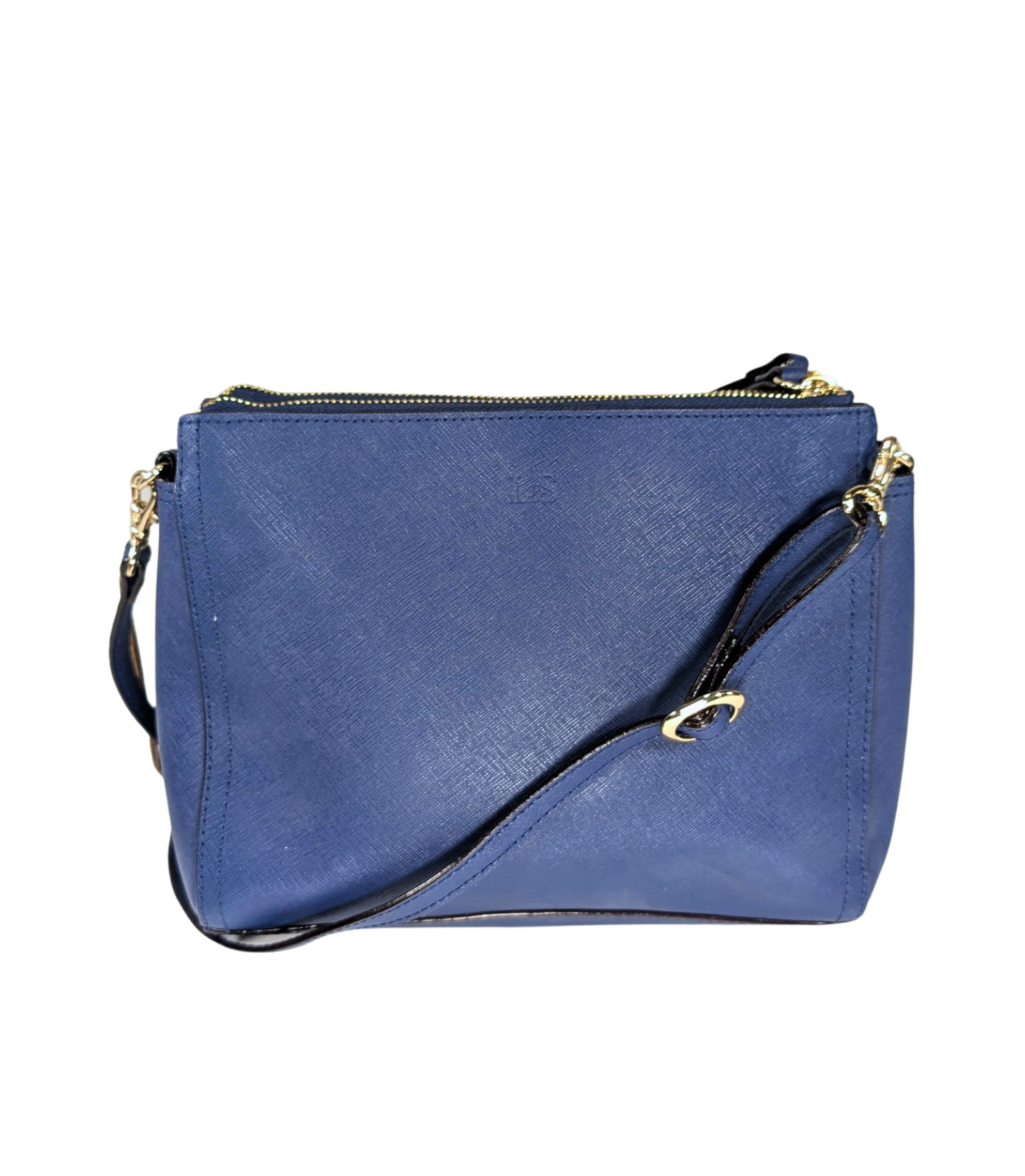 L&S Blue PVC Faux Leather Small Double Zip Adjustable Convertible Crossbody