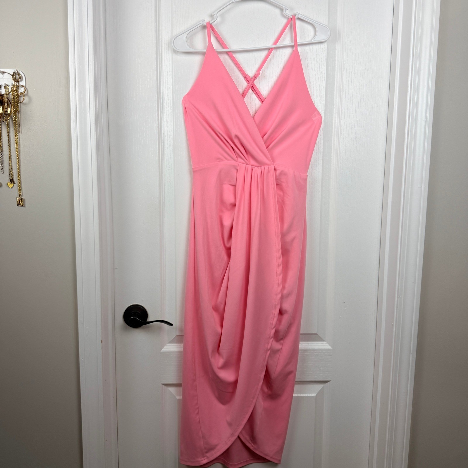 LYANER Pink Midi Dress Medium Sleeveless V-Neck Wrap Tulip Hem Criss Cross Back
