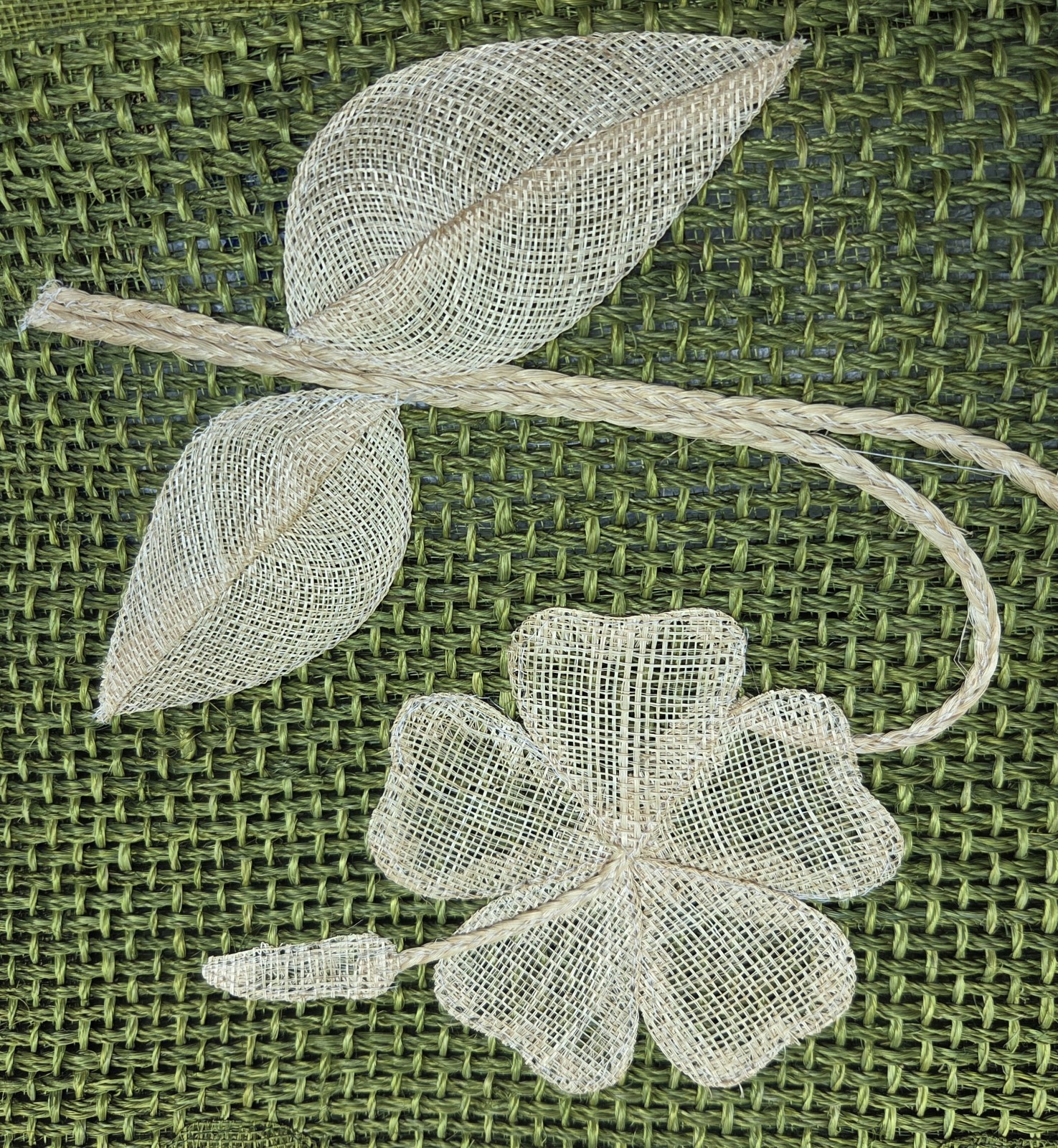 Vintage Handmade Philippine 100% Abaca Woven Floral Tote Bag Green