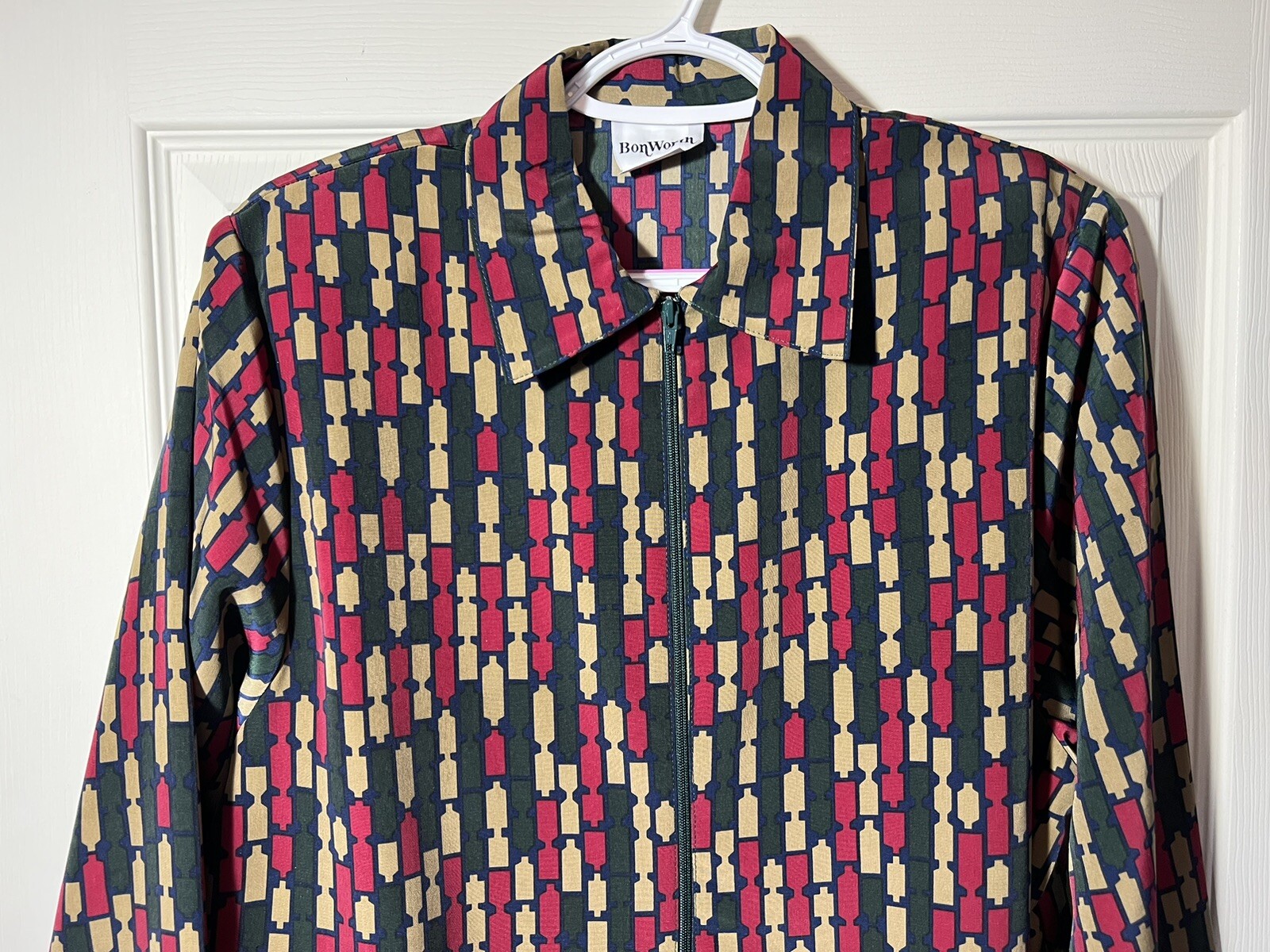 BonWorth VTG Long Sleeve Zip Up Shoulder Pads MultiColor Geometric Blouse SP