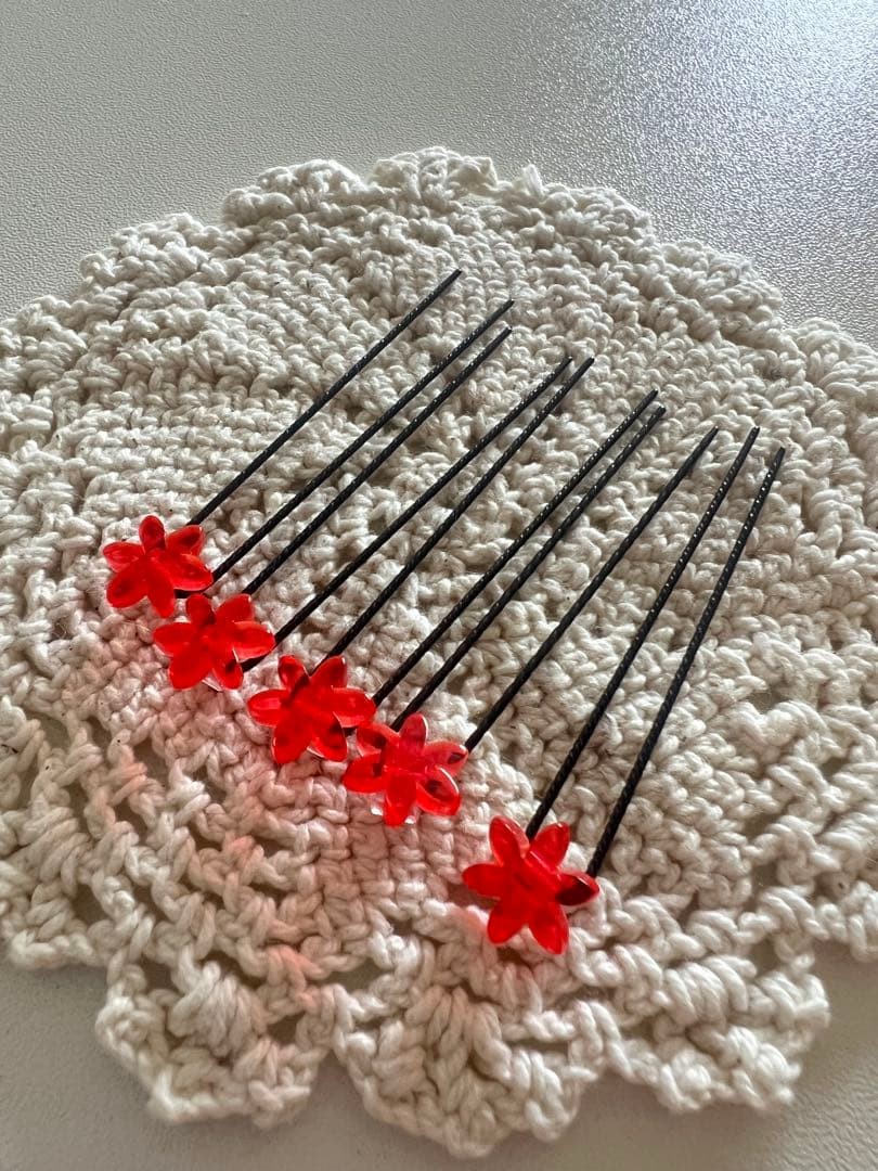 Red Flower U Pin Hair Clips Set of 5, Red, 6cm Floral Hair Accessories