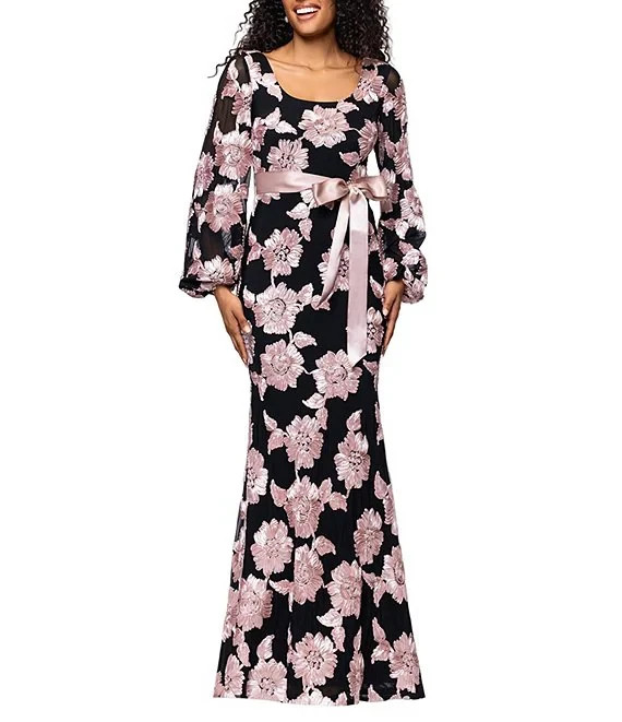 Betsy & Adam Long Flare Sleeve U-Neckline Soutache Floral Sheath Dress Size 12