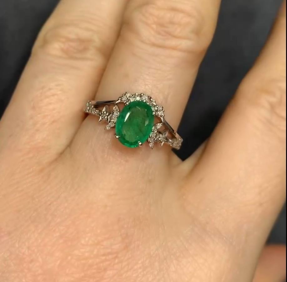 Natural Emerald Ring, Diamond Halo Ring, 925 Sterling Silver Ring, Handmade I