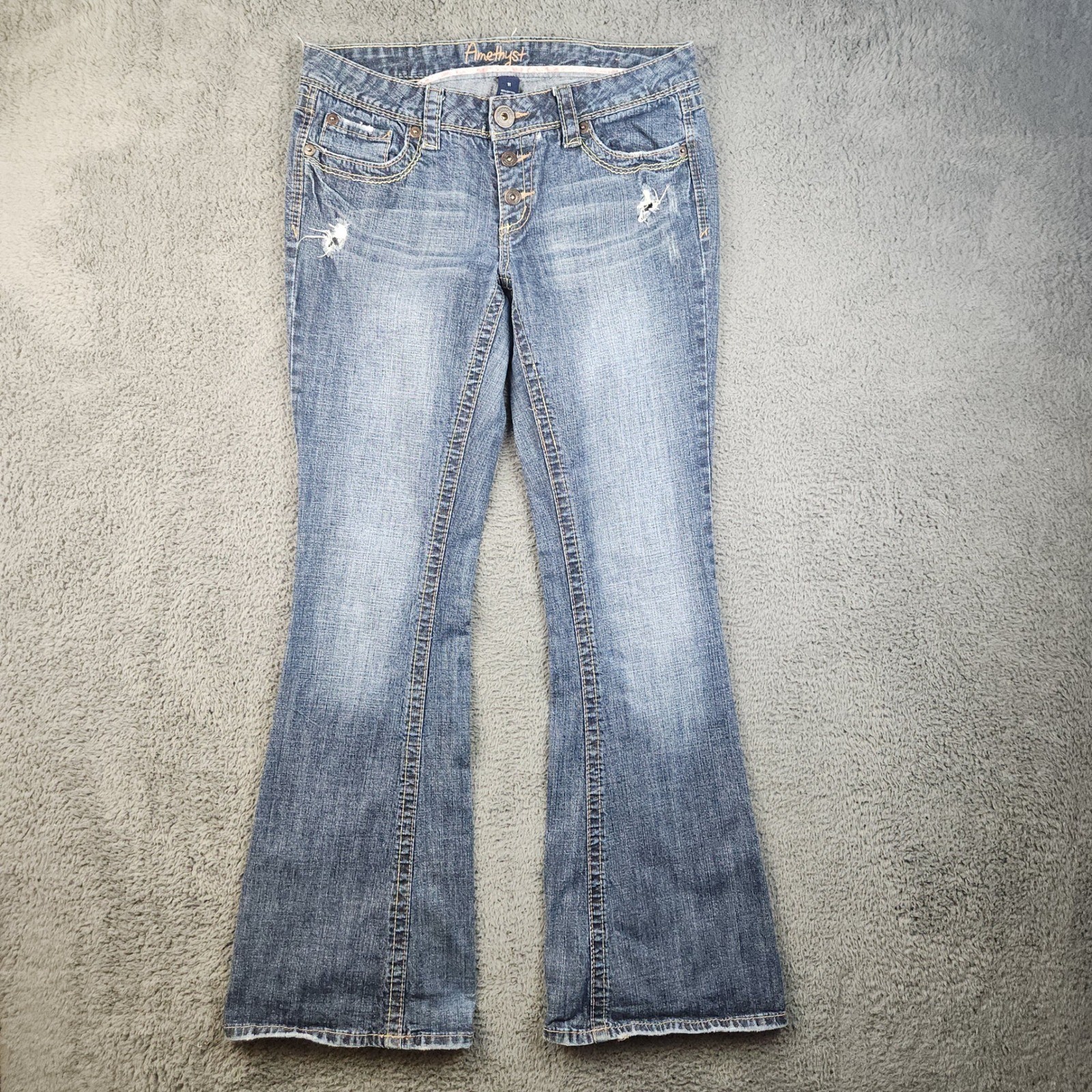 Amethyst Flare Leg Jeans Women’s 11 Blue Low Rise Distressed Button Fly Stretch