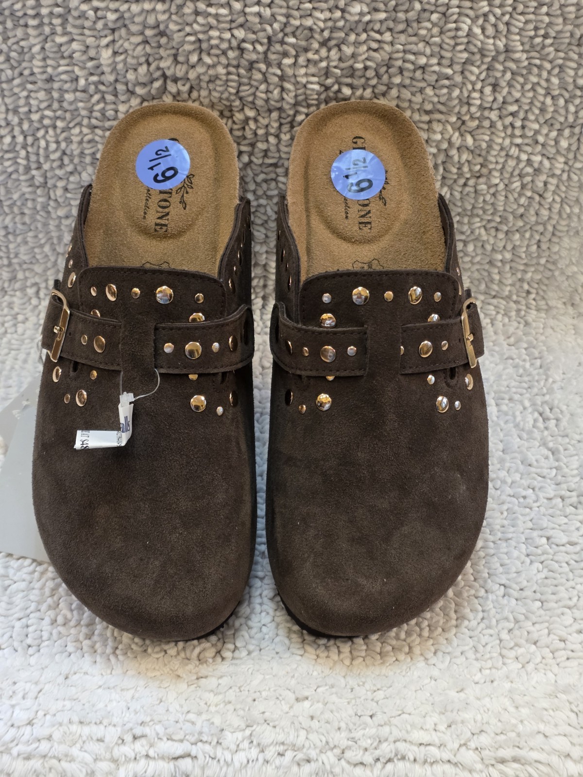 Greystone Brown Genuine Suede Womens6.5 Gold Rivet Studded Sandals SlipOn Clogs