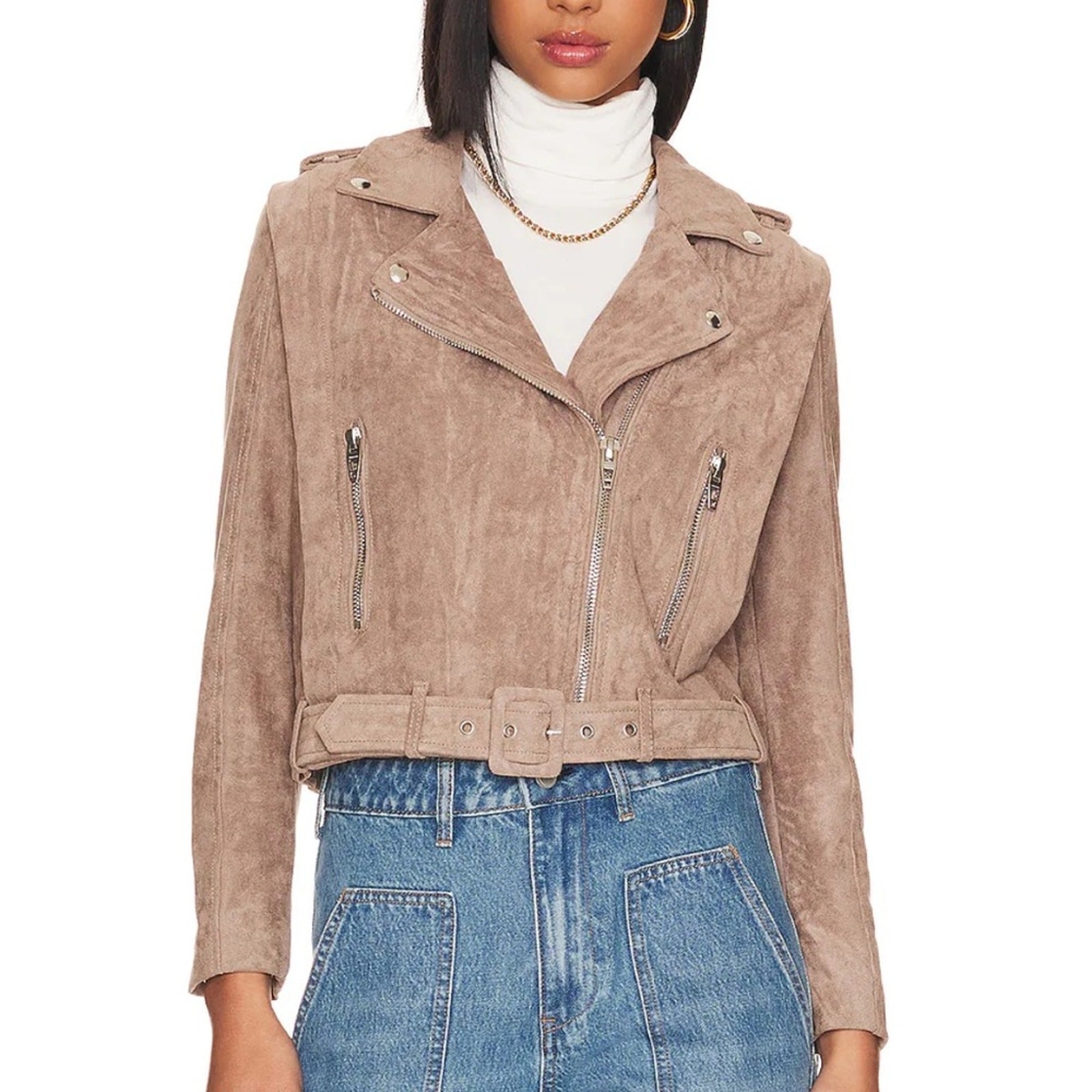 BLANKNYC Suede Moto Jacket Taupe Leather Biker Zip Belted Size Medium