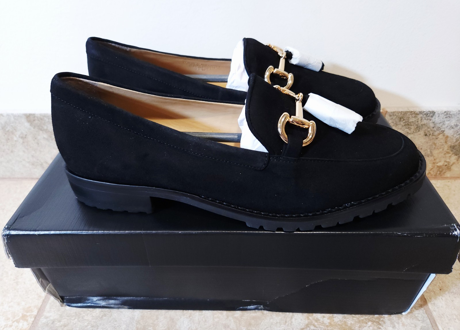 Talbots Cassidy Tassel Womens Loafers Slip-On Black Suede Lug Sole 7.5 M NIB NEW