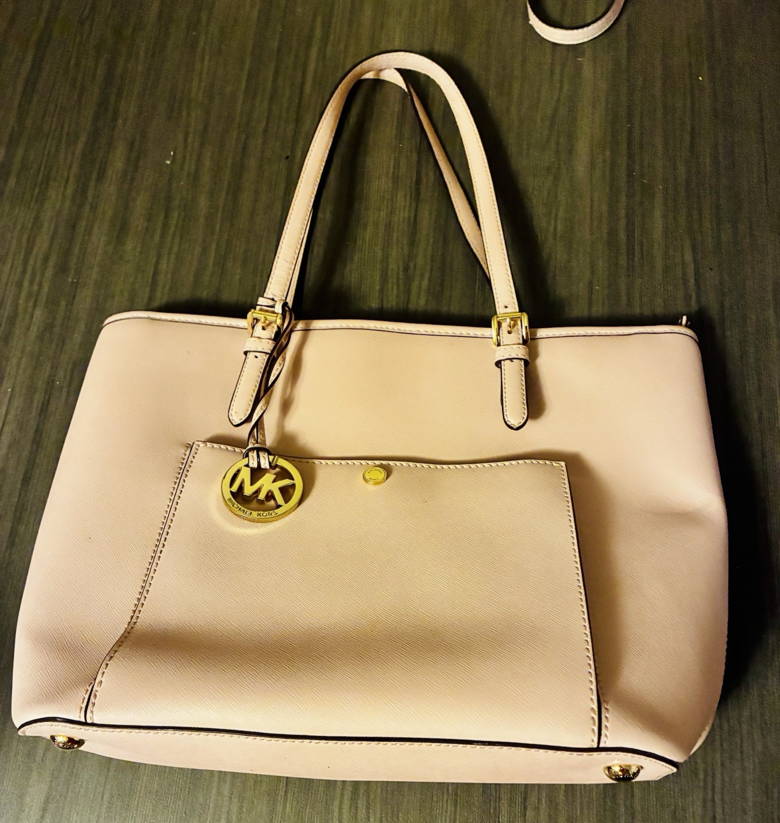 Michael Kors Pink Large Tote Zip Top Gold Tone MK Charm Double Handles Pockets