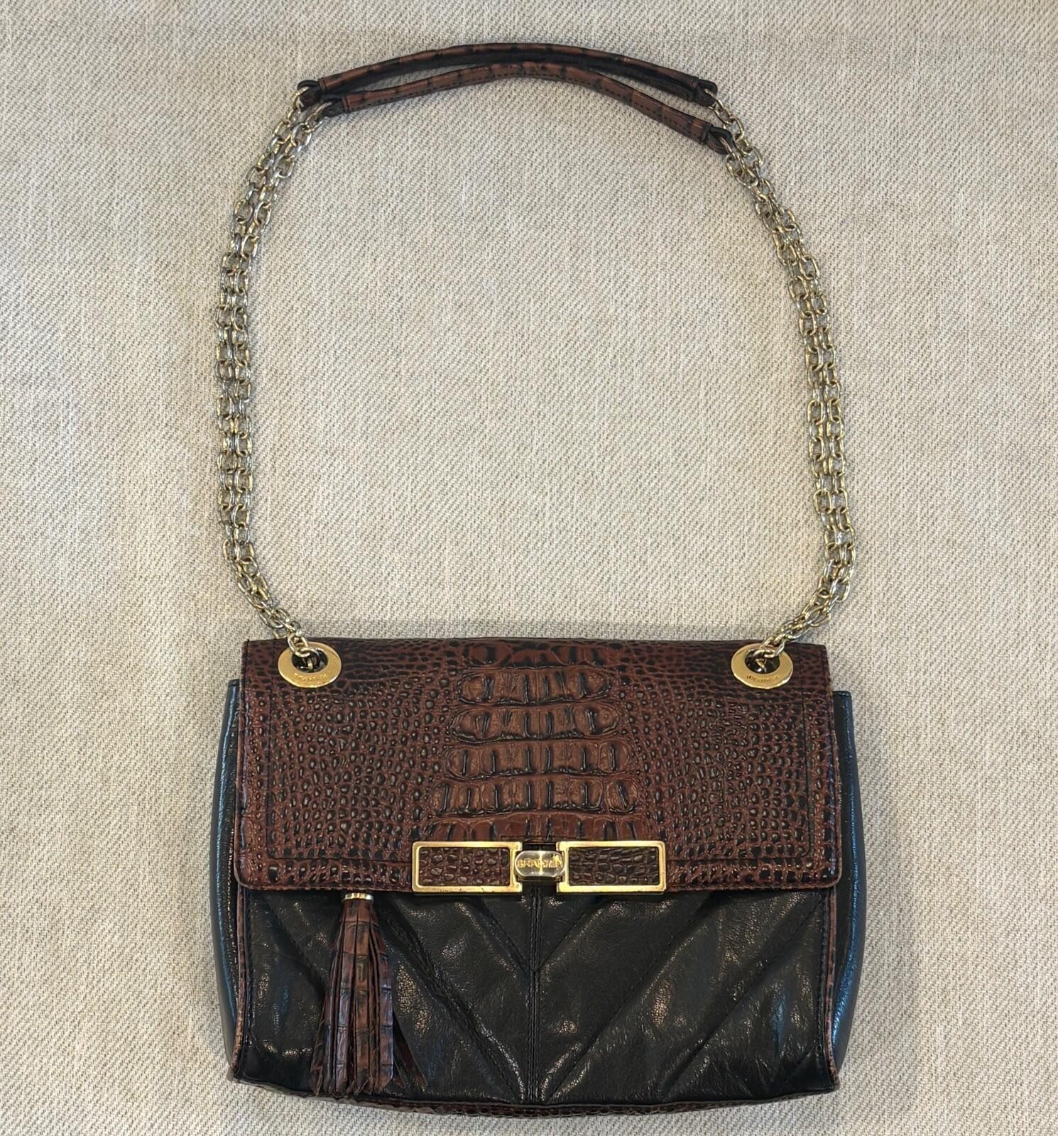 Brahmin Harrison Mixed-Media Shoulder Bag – Pecan Melbourne Croc-Embossed Leathe