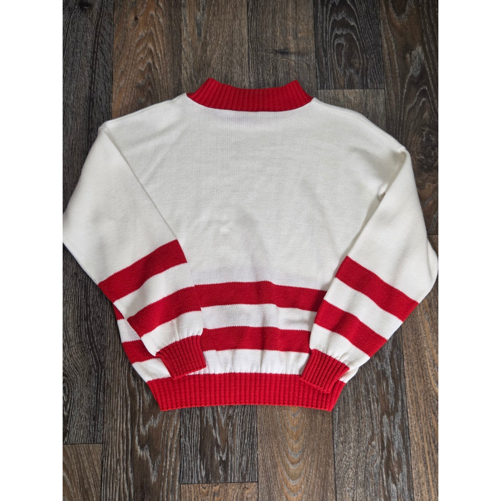 Vintage Red White Striped Mock Neck Knit Sweater Textured Crest Nautical Retro