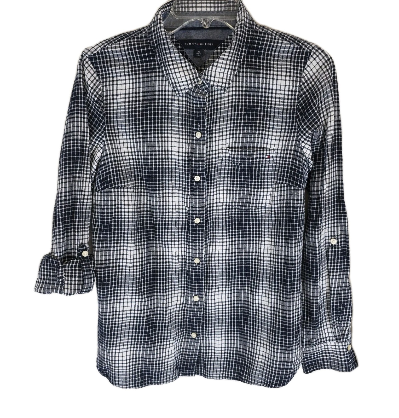 Tommy Hilfiger Womens Shirt Top Dark Blue & White Plaid Button Up Roll Tab