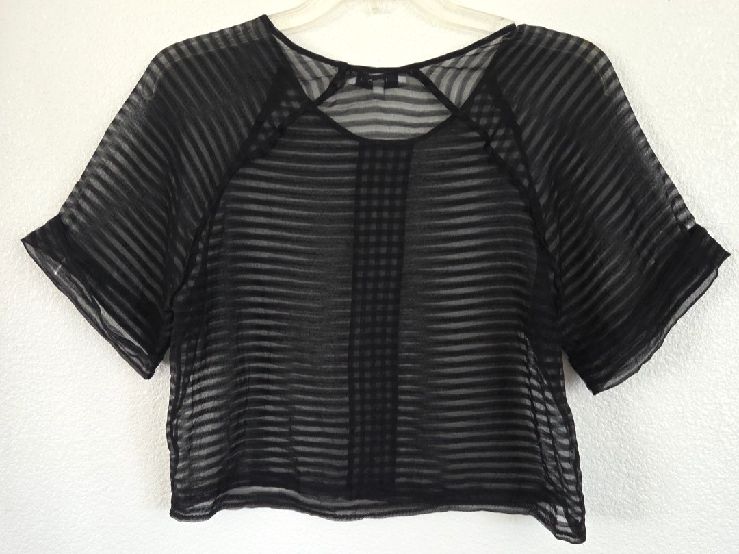IRO Paris Sheer Black Silk Blend Boxy Top Women’s Striped Textured EU 36 US 4
