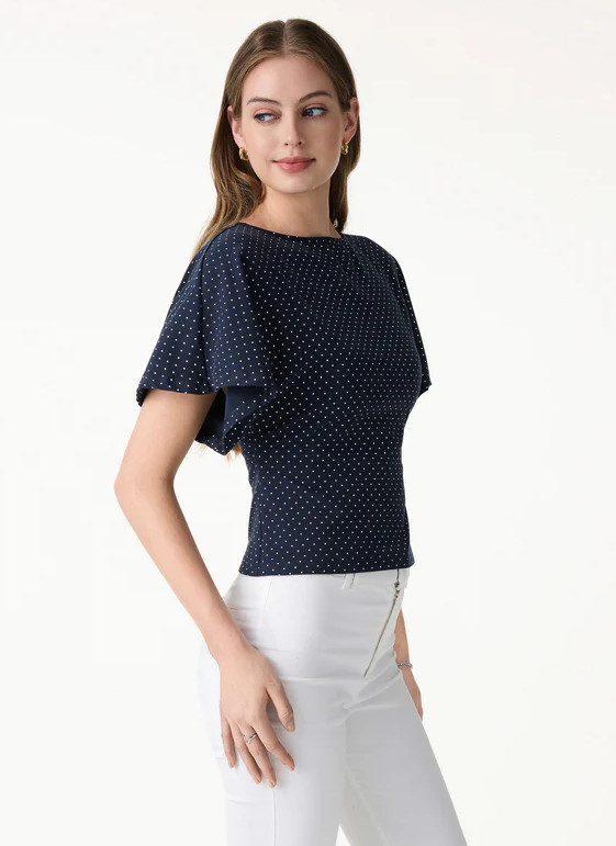 Soft Stretch Cotton Boatneck Flutter Sleeves Polka Dot Top Limited Edition, Red