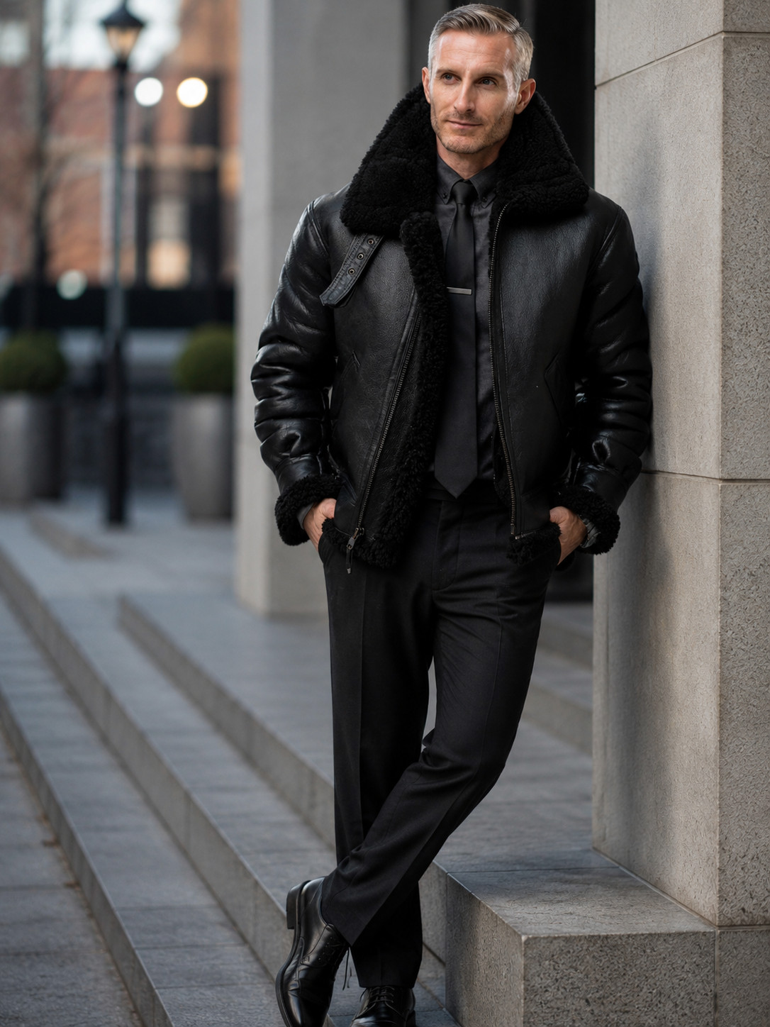 Sheepskin B-3 Leather Jacket, Authentic Black Nappa Leather Aviator Bomber Coat