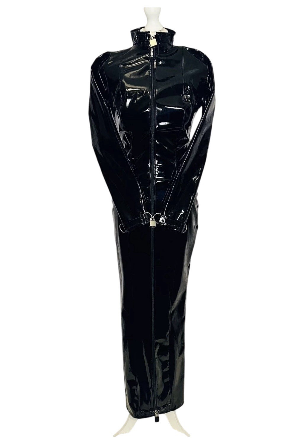 Misfitz blk PVC padlock hobble dress, two way zip. Lockable cuffs. SIZE 20. CD