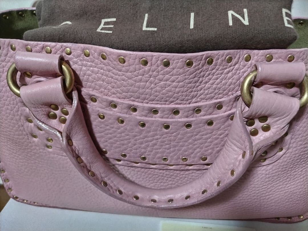 CELINE Boogie Bag Pink Genuine Leather Rare Studded Tote Authentic