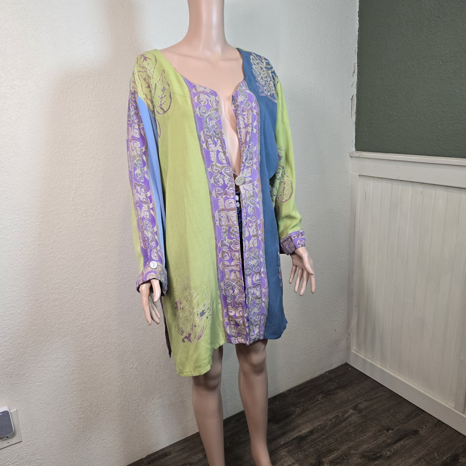 Soft Surroundings 100% Rayon Teal Green Purple Button Blouse Overlay Tunic 2x