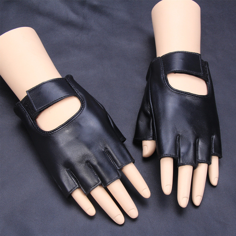 Real Leather Fingerless Short Gloves Black Red Brown Stud Lambskin Half Finger