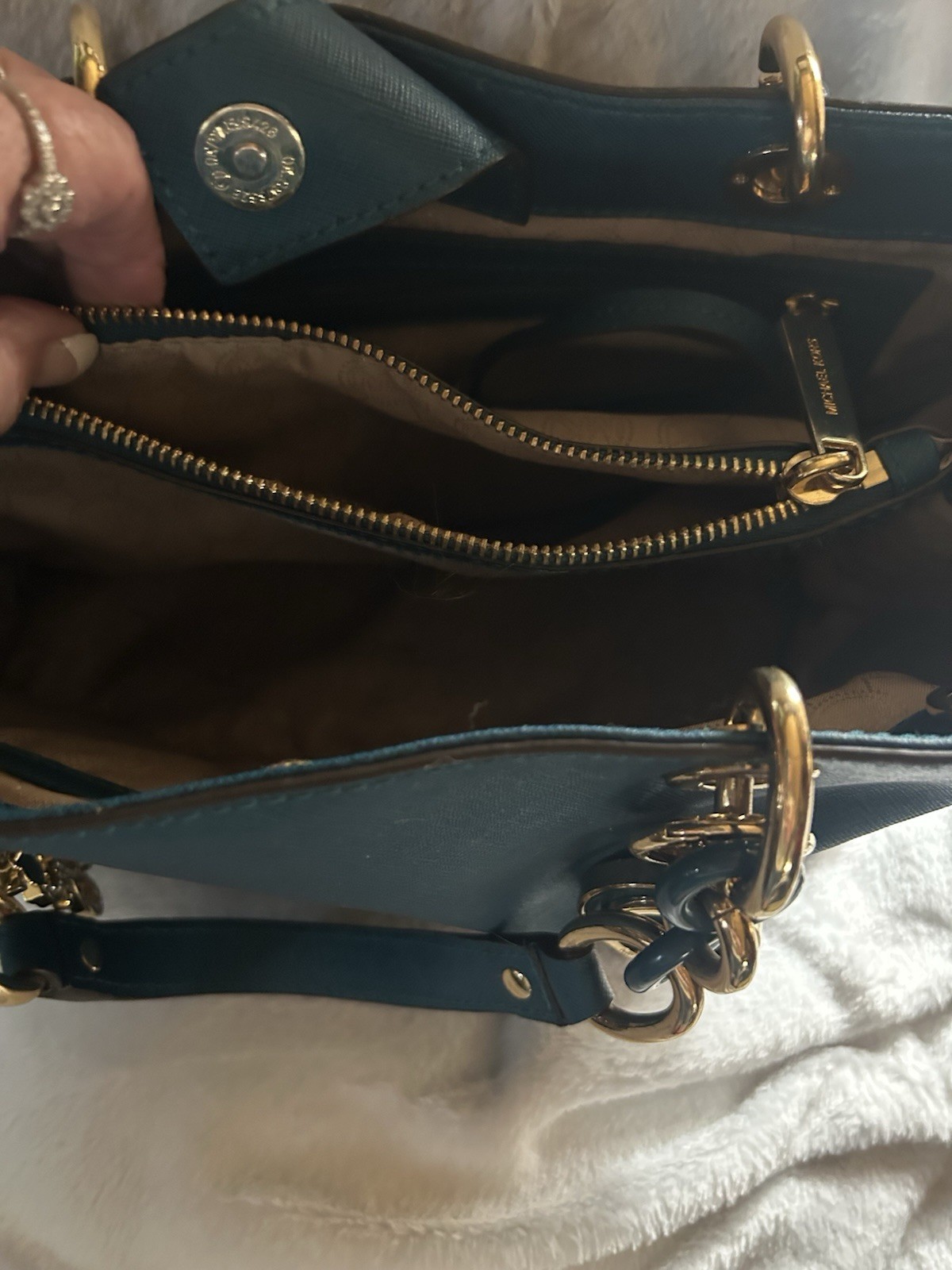Michael Kors Leather Zip satchel, Top Handle, Chain, Gold Hardware