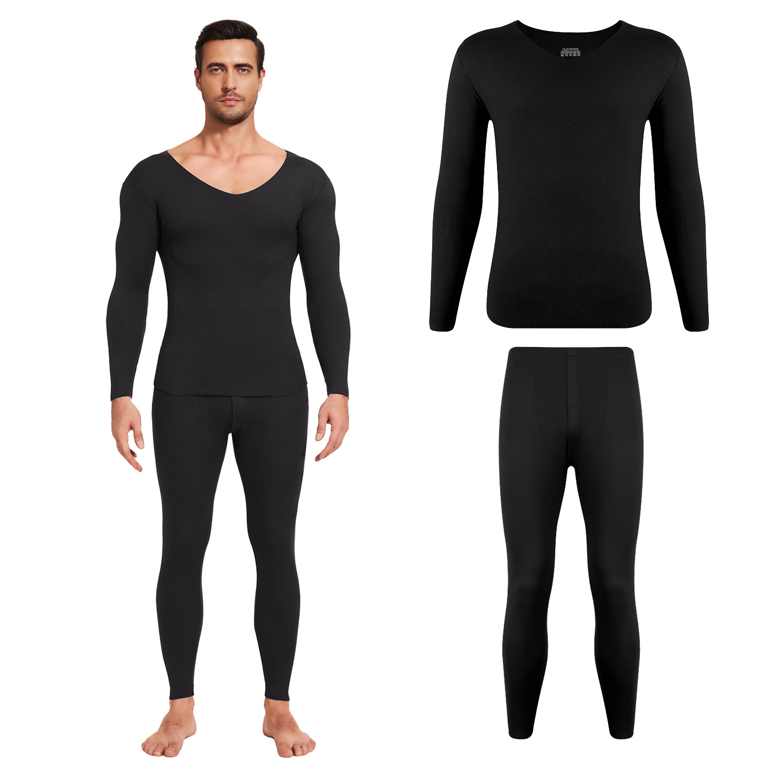 Men’s Thermal Underwear Set Soft Fleece Lined Long Johns Top + Bottom Set Winter