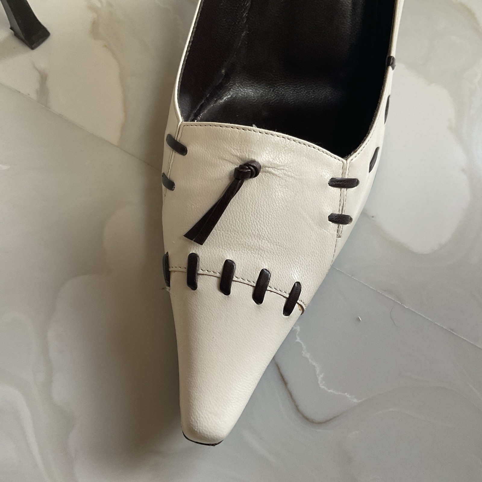 OL’AUTRE CHOSE Italian Ladies Heels Sz37 Detailed Stitch Cream Leather US 7