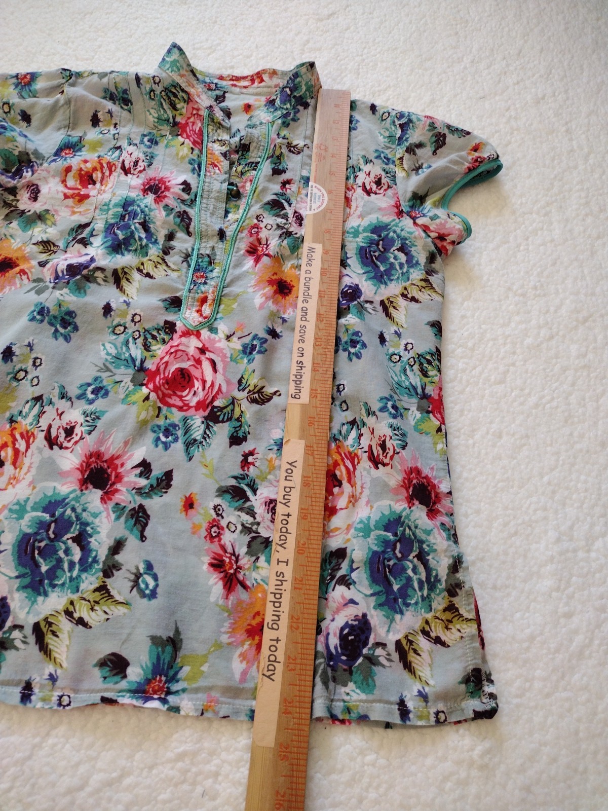 Unbranded Blouse Woman S Blue Floral Asian Style Short Sleeves Sheer Side Slits