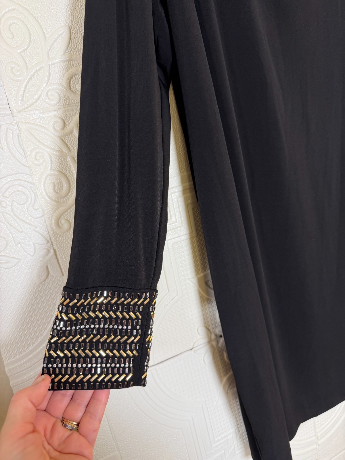 Calvin Klein Womens Sz 14 Black Dress L/S Slit Sleeve Embellished Cuffs SKU 165