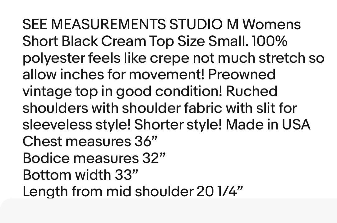 STUDIO M Short Black Cream Top Size Small Womens