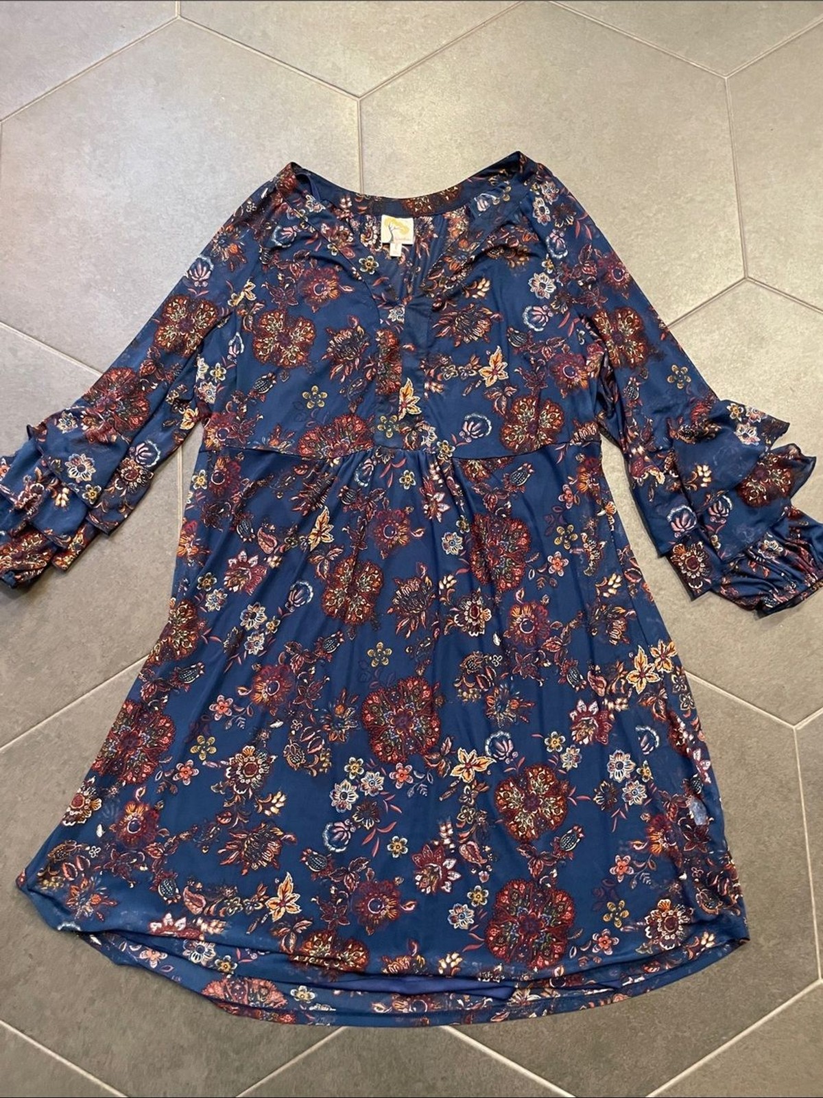 Anthropologie fig and flower Navy Floral Print V-Neck Tunic Dress L