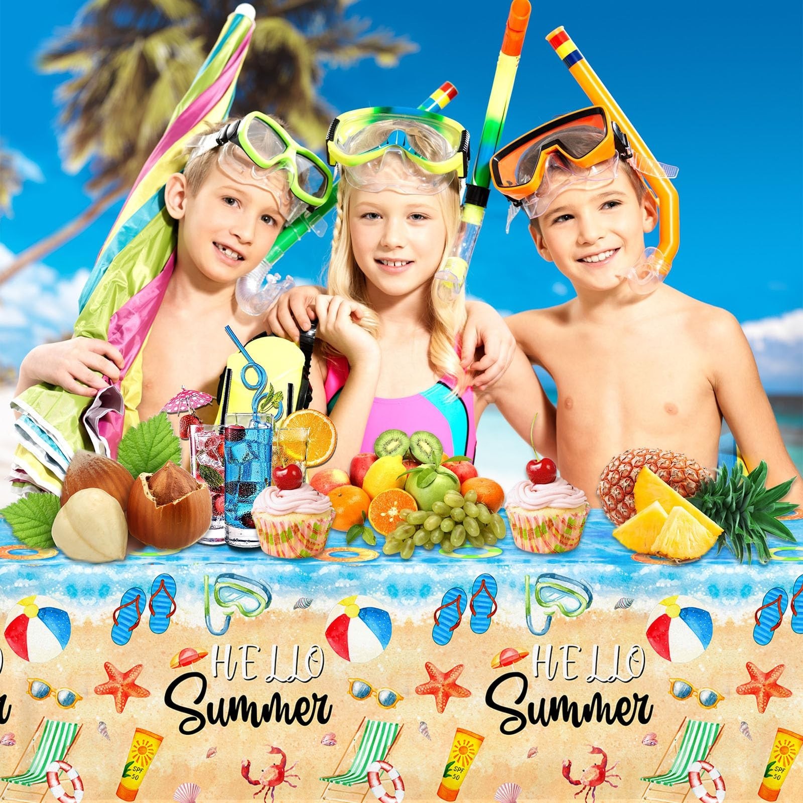 GREHUMOR Hello Summer Tablecloths Hawaiian Beach Party Table Cover 3Pcs Plast…