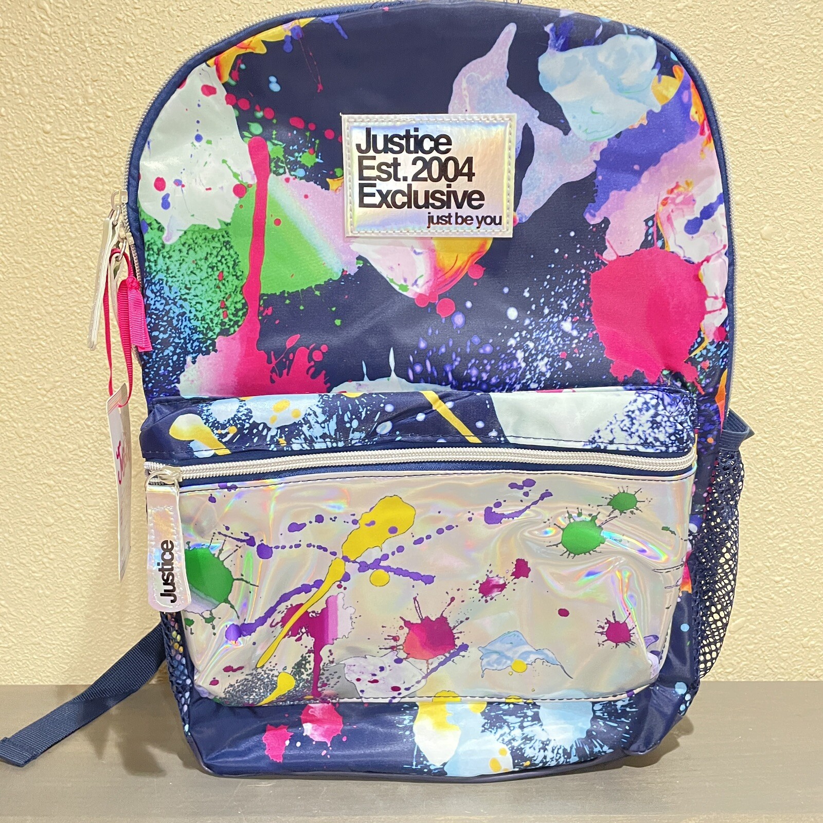 Justice Colorful Backpack School Bag Blue Silver splash Paint mesh pockets NWT