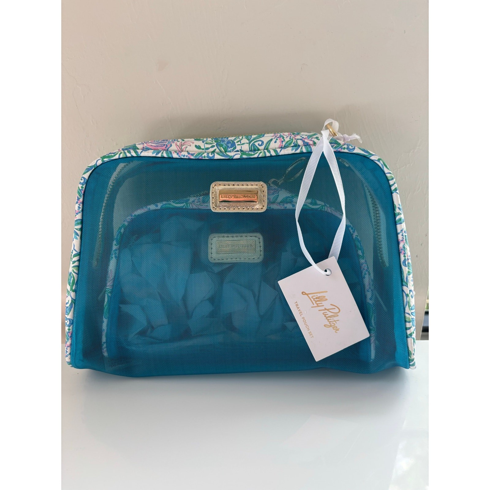 Lilly Pulitzer Set of 2 Travel Clear Mesh Cosmetic Cases Zipper Blue Green