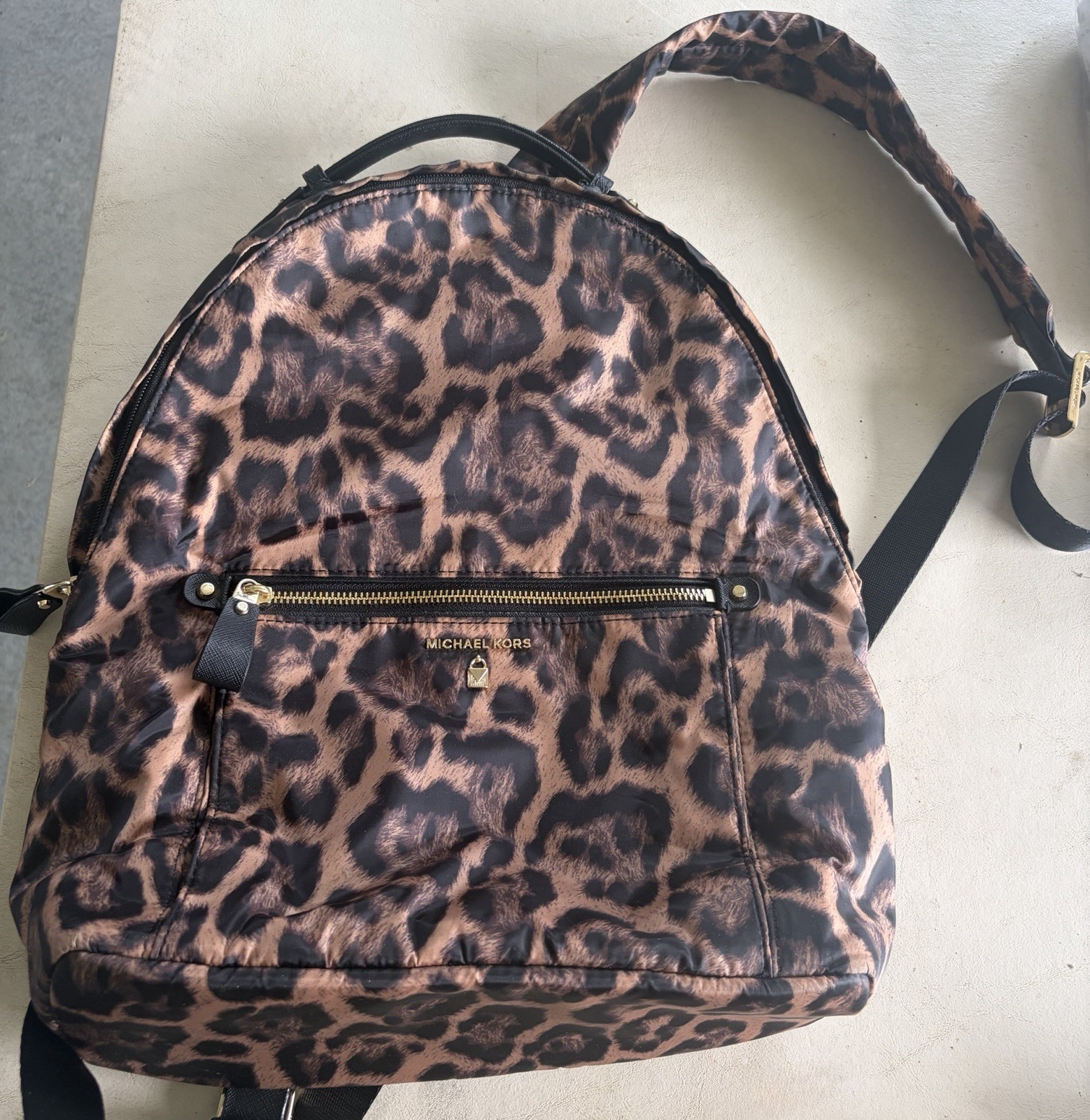 Michael Kors Women’s Leopard Print Backpack Brown/Black Gold Zip Pockets