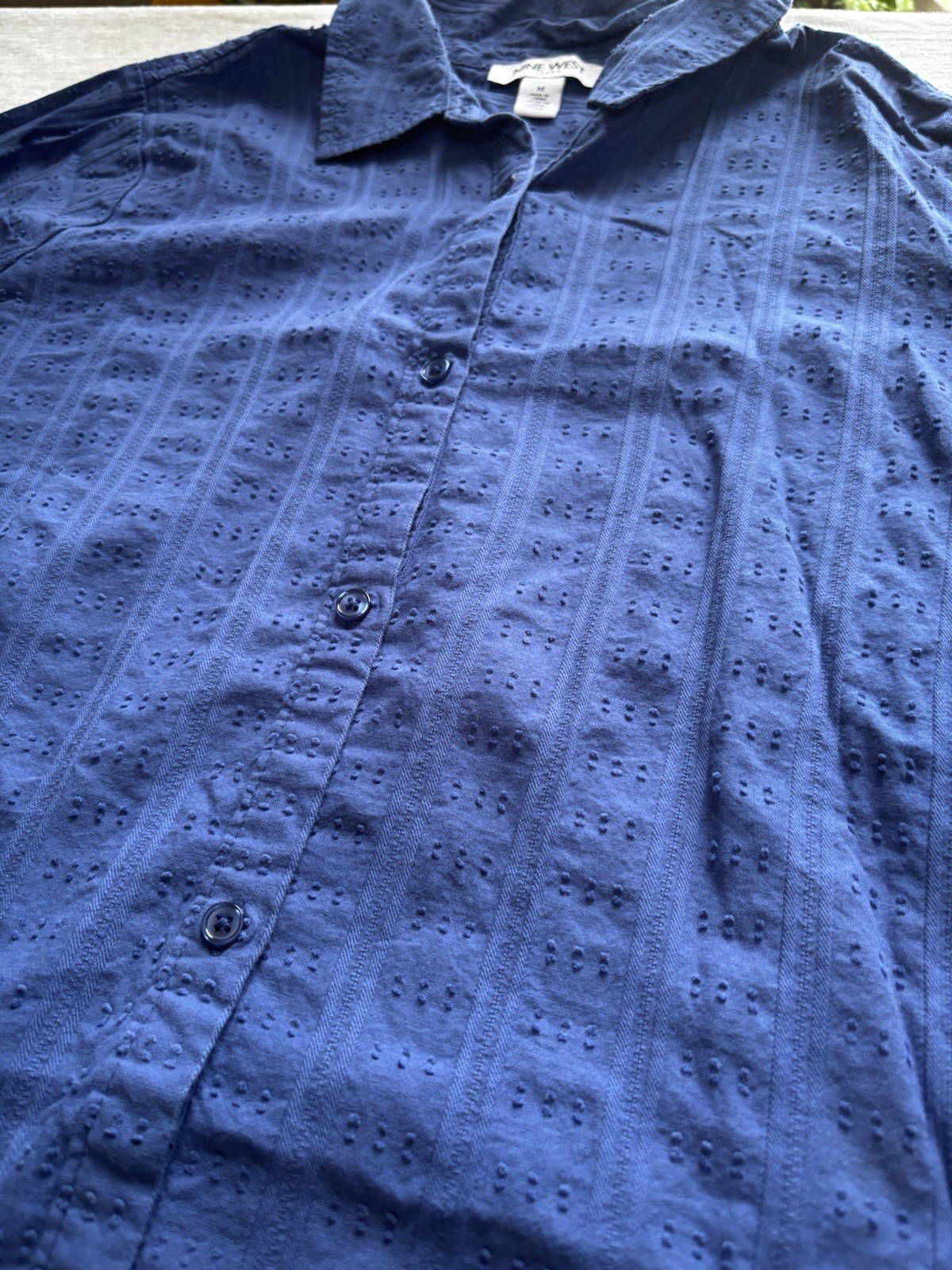 Nine West Blue Pintuck Textured Button-Up Cotton Shirt Medium