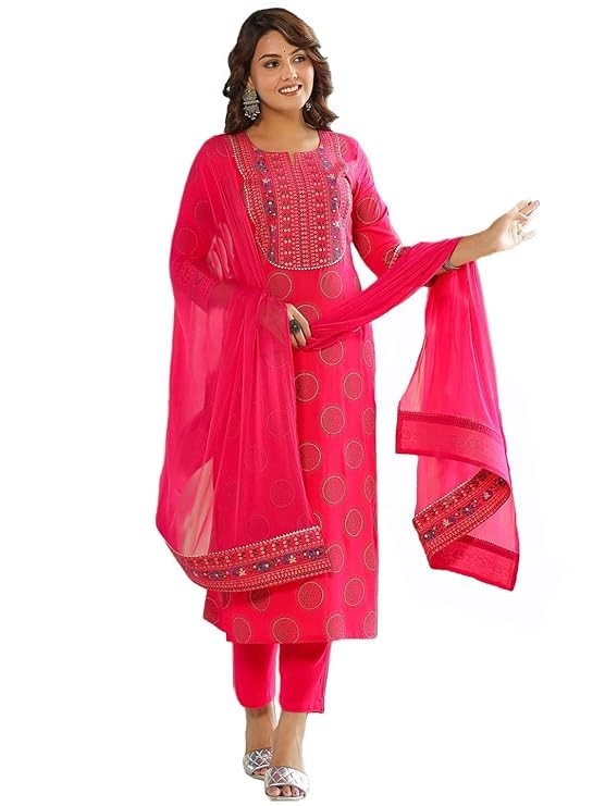 Women’s Cotton Blend Printed Straight Kurta with Pant & Dupatta