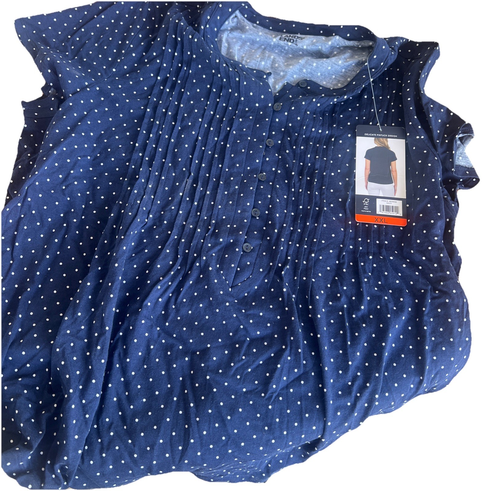 Lands’ End Women’s Short Sleeve Pintuck Blouse, Navy, Size XXL. BW