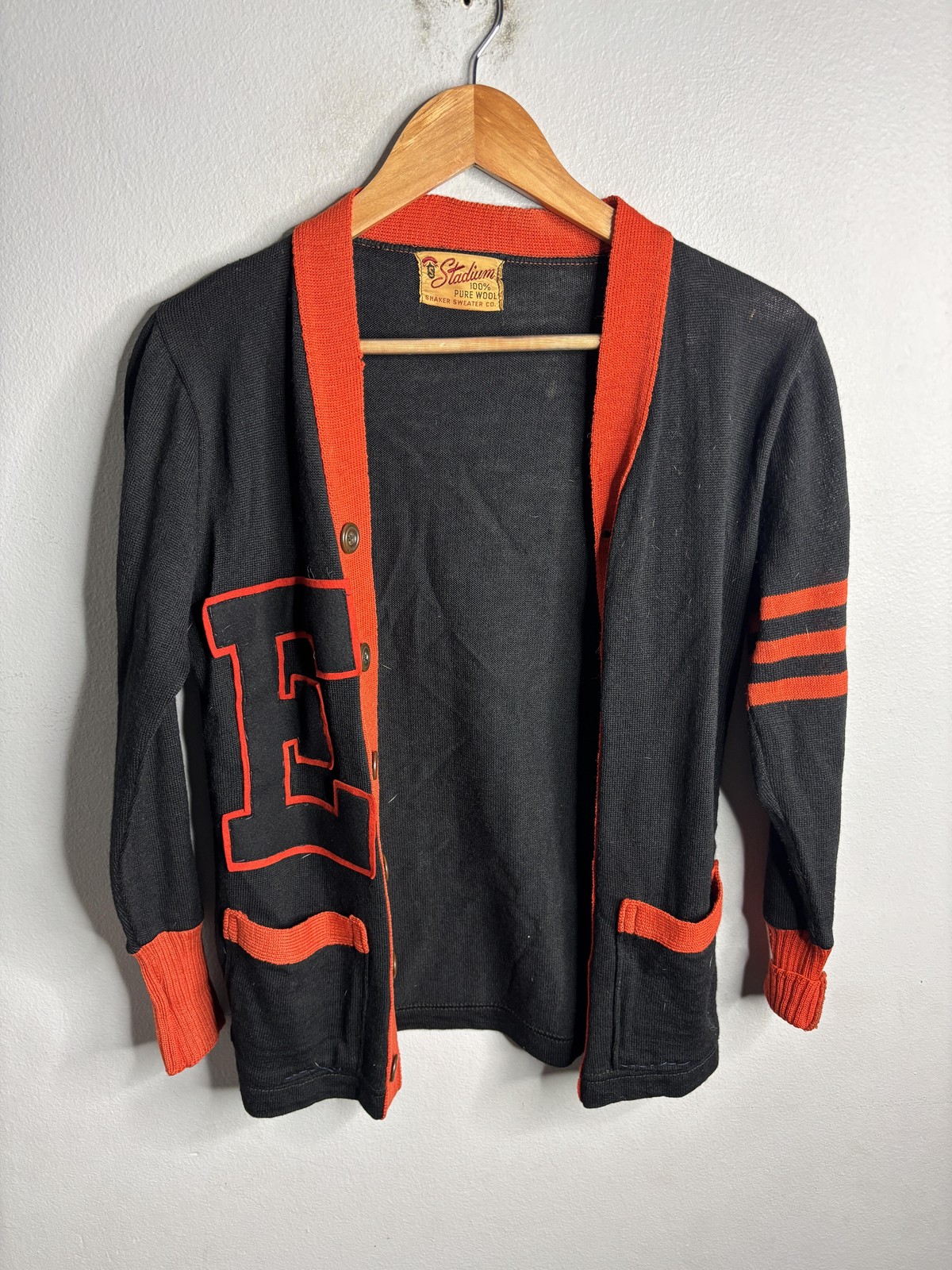 Vintage Stadium Cardigan Sweater Mens 3XS Black Wool Letterman Varsity E 50s
