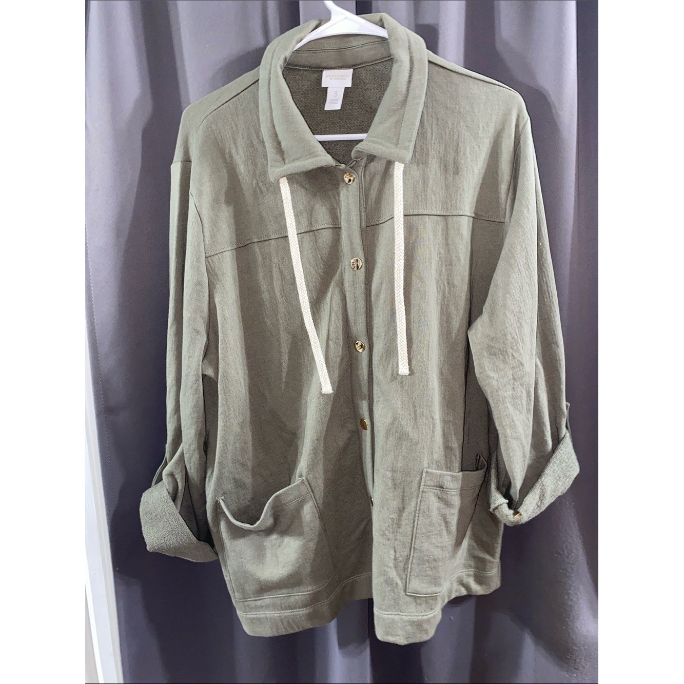 Chico’s Sage Green Button-Front Utility Jacket with DrawstringEUC CLEAN