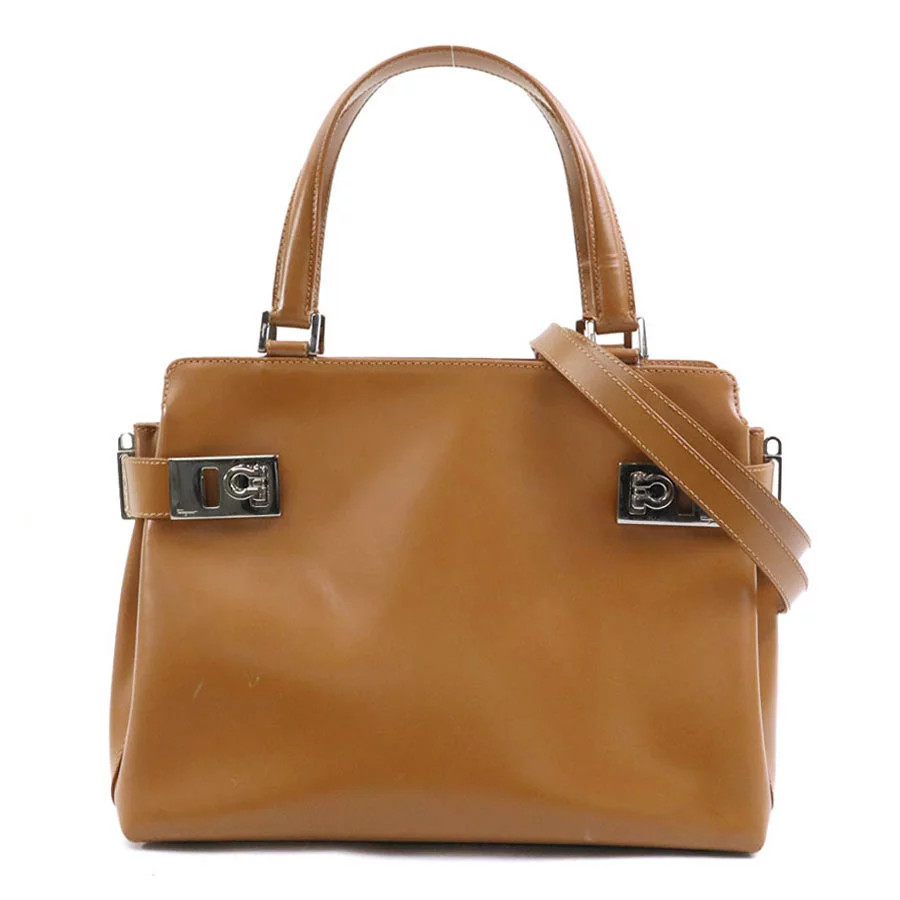 FERRAGAMO Gancini 2-Way Bag Camel Leather Handbag H7.4 W9.8 D4.5 Strap 34.8in