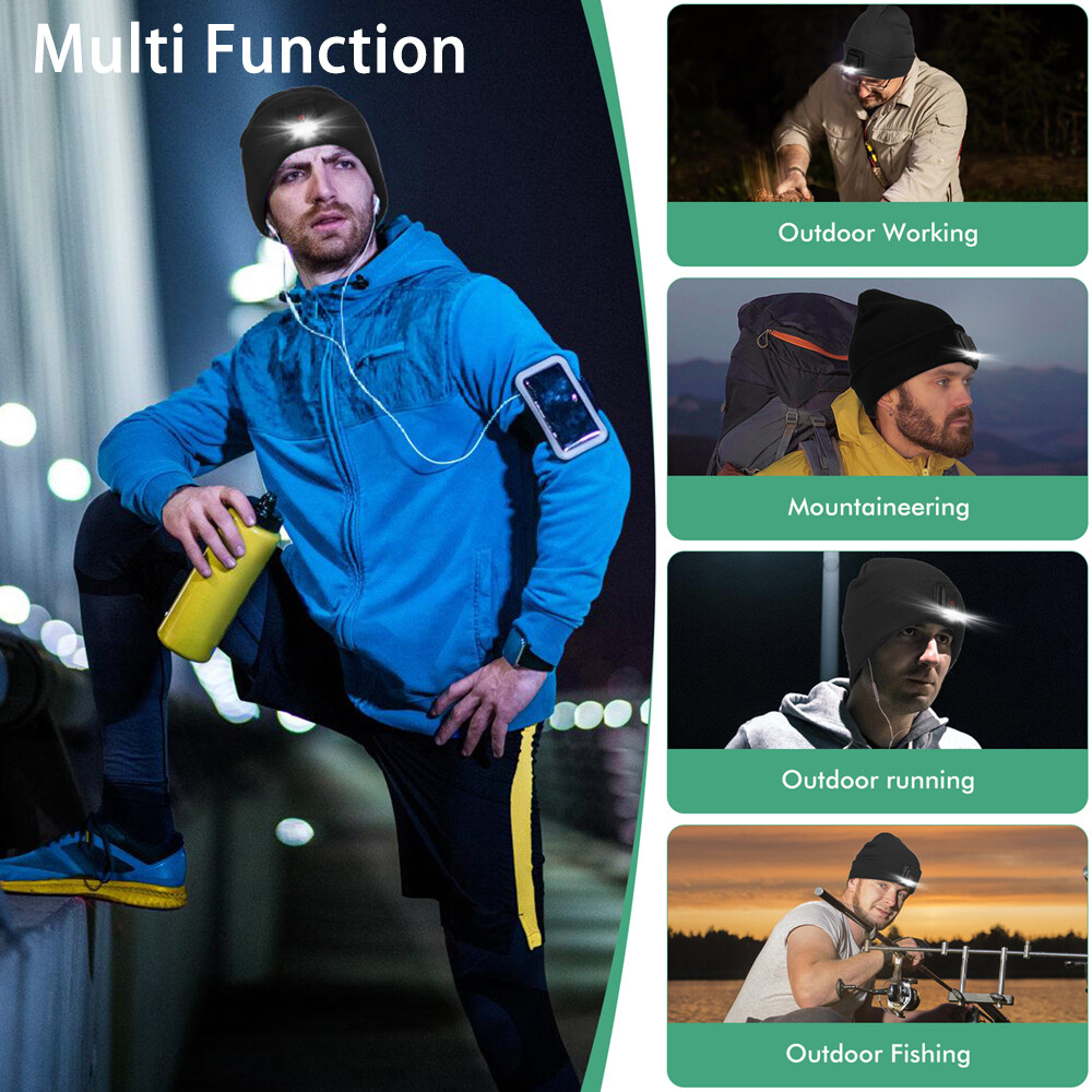 1/2x Unisex LED Beanie Hat with Rechargeable Headlamp Light Winter Warm Knit Cap