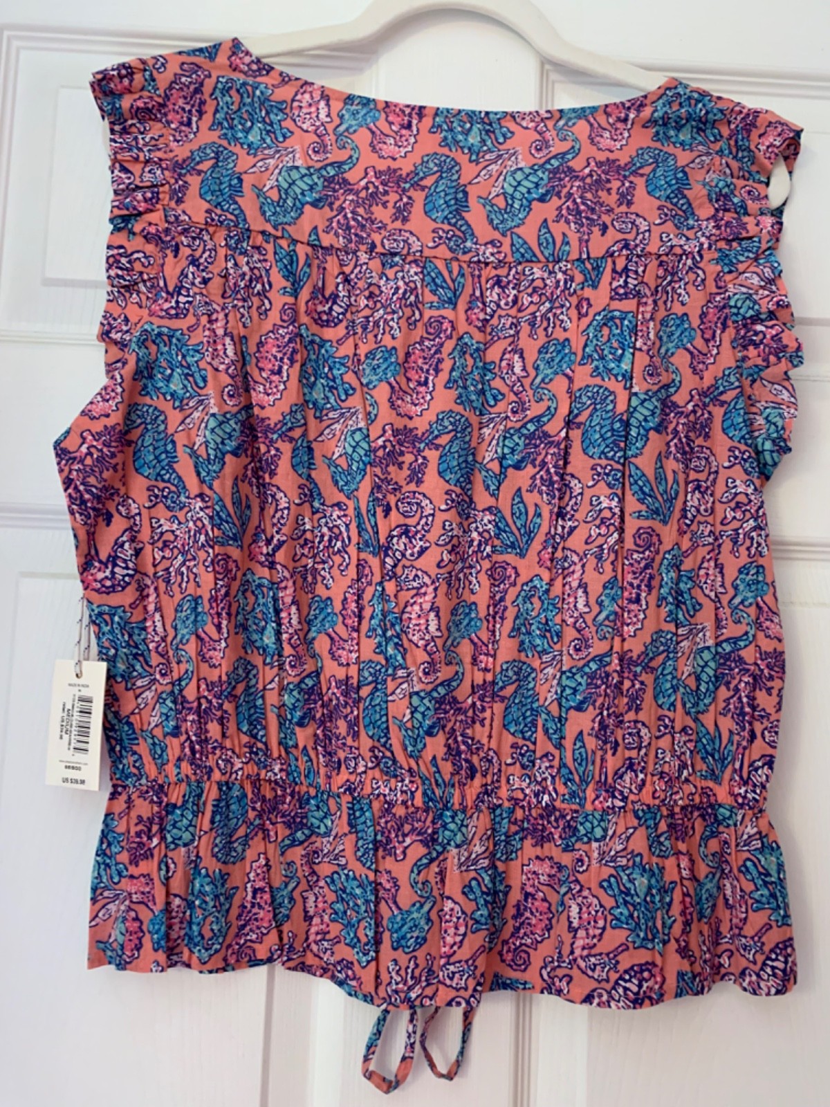 Simply Southern Pink Sleeveless w/ Ruffles Top Beach Seahorse – Size Medium NWT