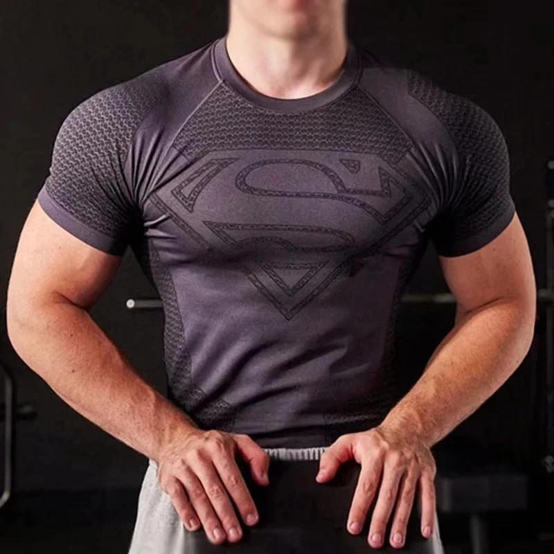 Super Man High Elastic Quick Dry Sports T-Shirt Tight Workout Breathable Summer