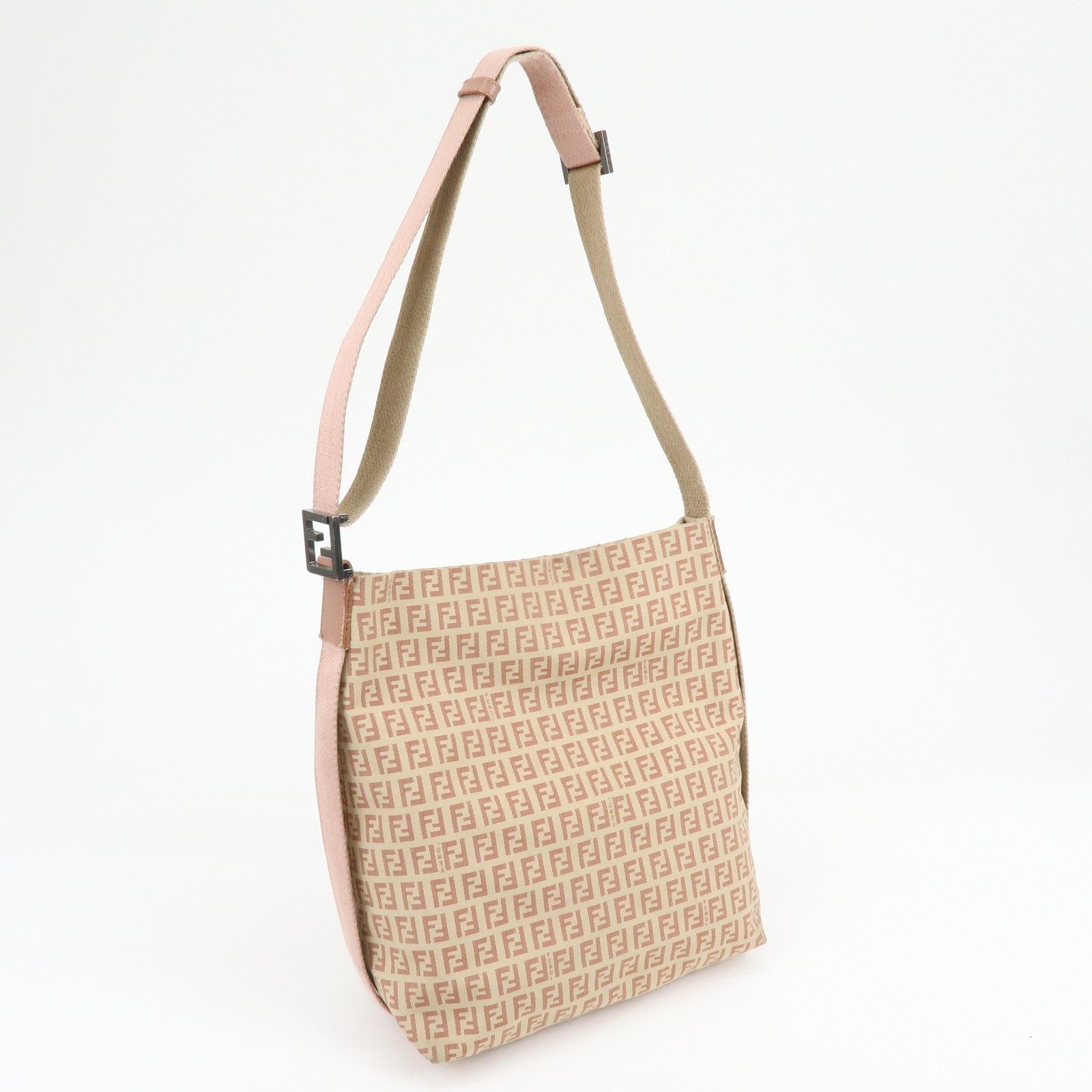 FENDI Zucchino Canvas Leather Shoulder Bag Beige Pink 8BR318 Authentic Used F/S